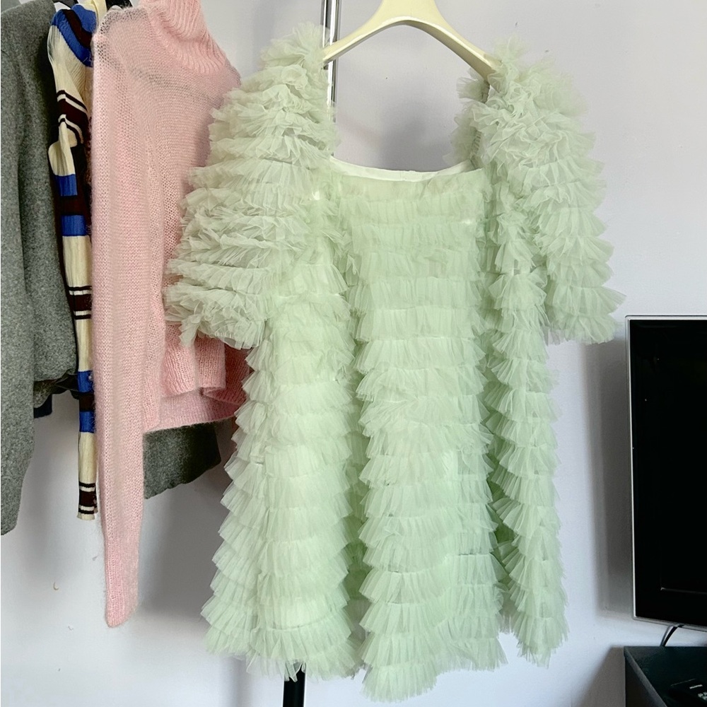 Puff sleeve tulle square neck mini dress sage mint green